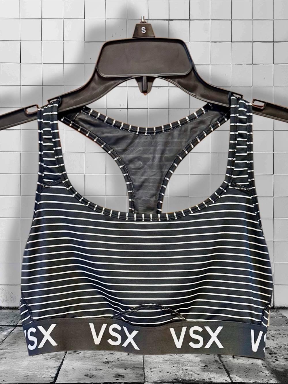 VSX Black & White Striped Racerback Sports Bra with Logo Band size XL